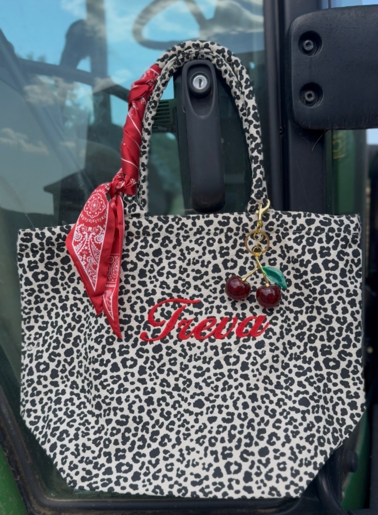Personalized Leopard Tote | Embroidered Name + Red Scarf & Cherry Charm
