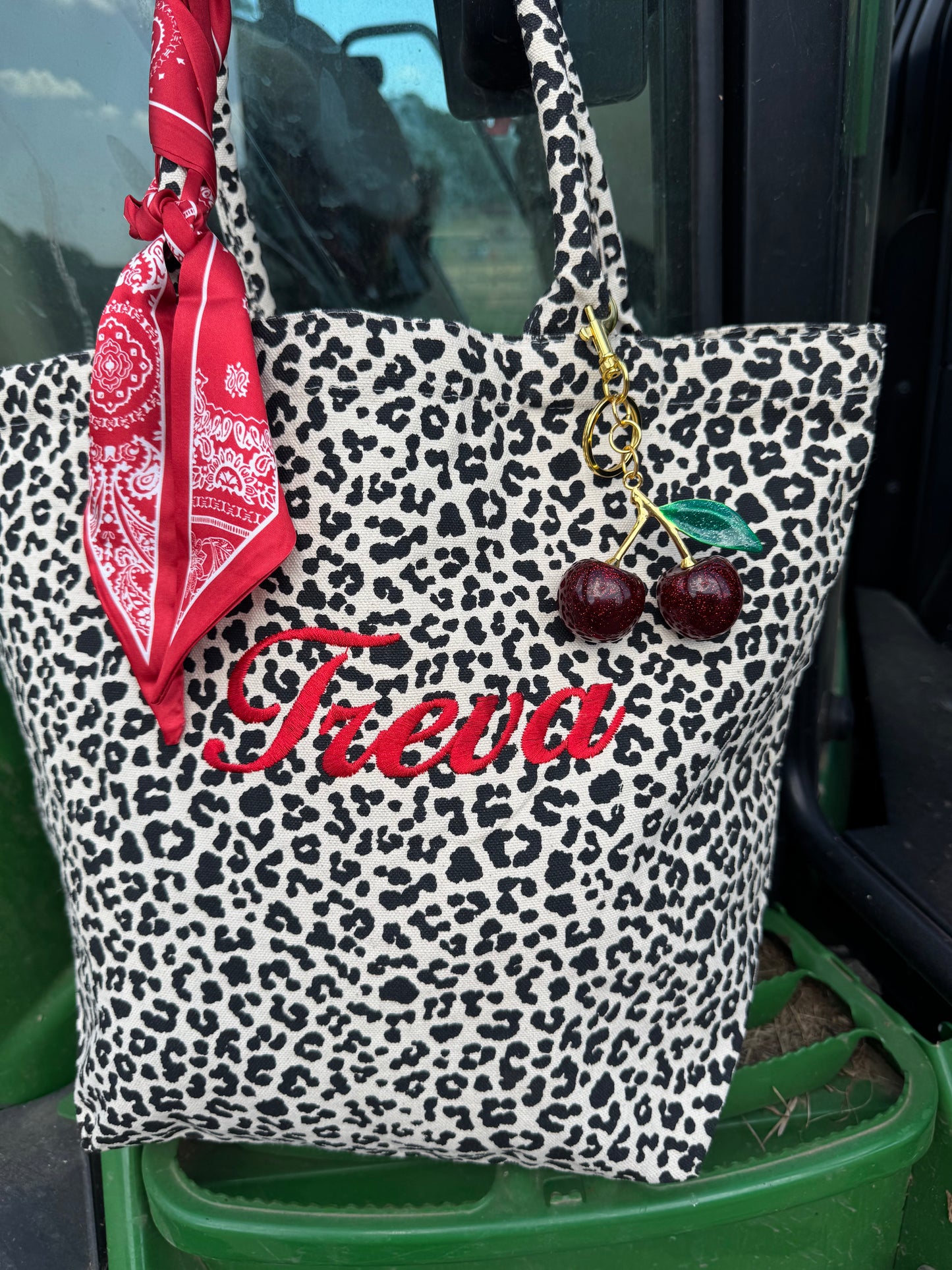 Personalized Leopard Tote | Embroidered Name + Red Scarf & Cherry Charm
