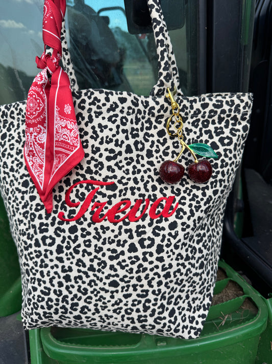 Personalized Leopard Tote | Embroidered Name + Red Scarf & Cherry Charm