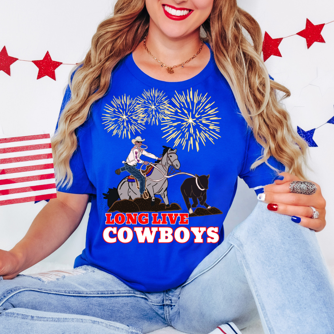 Long Live Cowboys! Calf Roping Graphic Tee! Unisex Sized Patriotic Red White and Blue Rodeo Shirt! For the Cowboys and Cowgirls that love their horses